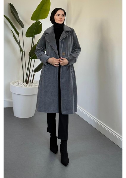 Fringe Astarlı Kaşmir Kaşe Kaban Füme