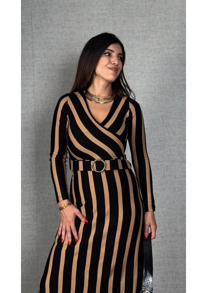 Eyesof Kadın Uzun Kollu Kruvaze Yaka Kemer Dahil Çizgili Triko Elbise fiyatları