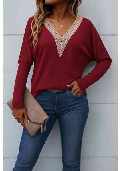 Kadın Uzun Kollu V Yakalı Yarasa Kollu Viskon Bluz