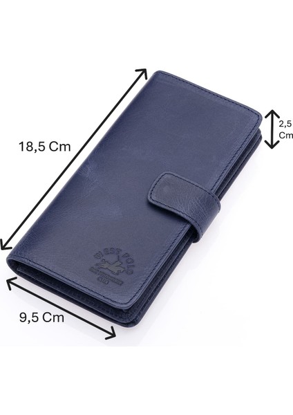 Hakiki Eskitme Deri Kağıt Para, Bol Kart ve Telefon Bölmeli Unisex Uzun Cüzdan - Lacivert