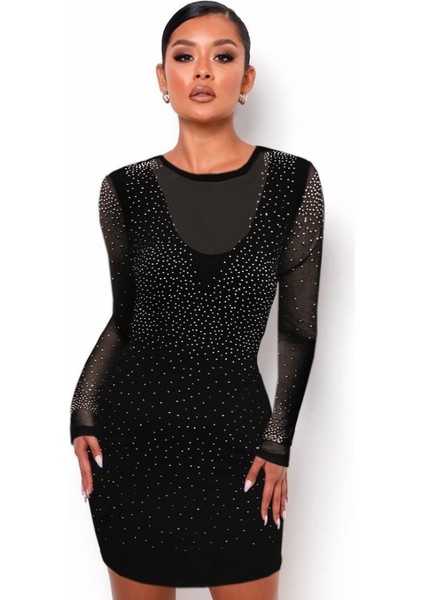 Eyesof Kadın Uzun Kollu Yuvarlak Yaka Dekolteli Taşlı Dalgıç Elbise indirimleri