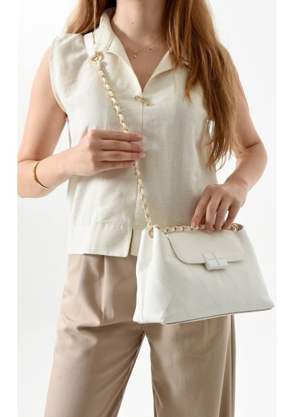 ,zincir Detaylı ,beyaz Bayan Omuz ve Çapraz Çantası