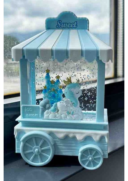 Unicorn Mini Kar Küre LED Işıklı, Müzikli, Pilli Dondurma Arabası Tasarımlı, Simli Su Küresi Dekoratif Hediyelik Eşya