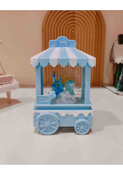 Unicorn Mini Kar Küre LED Işıklı, Müzikli, Pilli Dondurma Arabası Tasarımlı, Simli Su Küresi Dekoratif Hediyelik Eşya modelleri