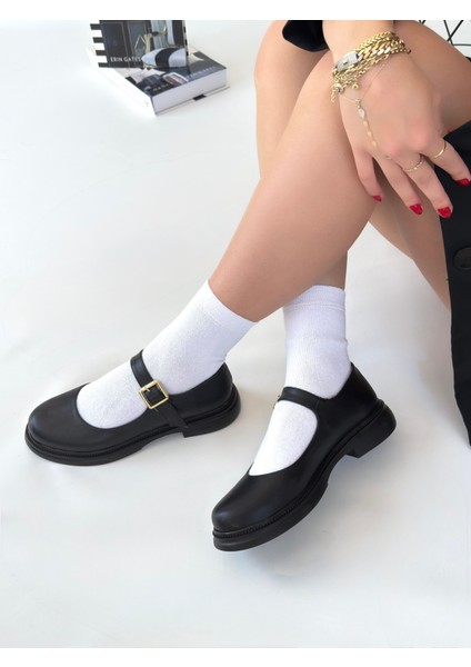 Ortopedik Topuk Dikenine Karşı Özel Üretim Kemerli Oxford Babet Ayakkabı Cilt Siyah Topuk Boyu 2,5 cm