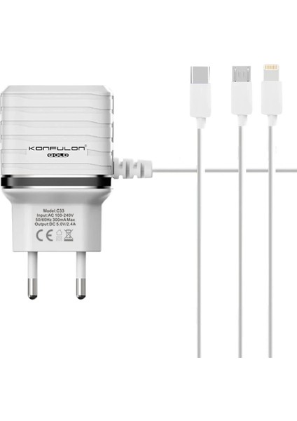 Bfs C33 Hızlı Şarj Cihazı 3in1 (Dahili Lightning Kablo iphone Uyumlulu)