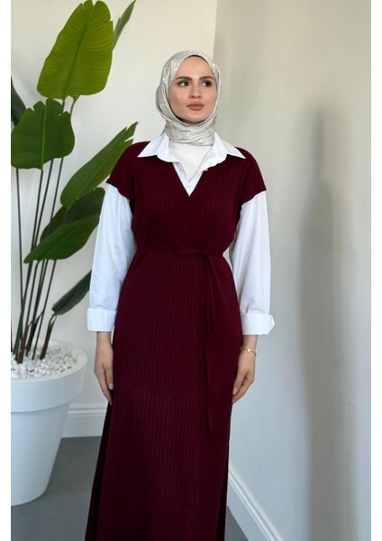 Edoril Triko Gömlek Elbise Bordo modelleri