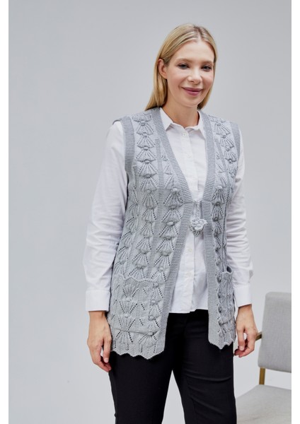 Kadın Yumoş Kazayağı Model Kalın Kışlık Özel Örgü Cepli Triko Anne Yelek