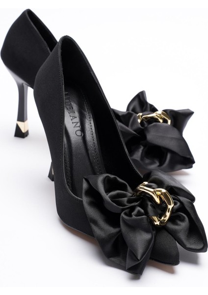 Kadın Nubuk Yüksek Topuklu Ayakkabı 9.5 cm Fiyonklu Gold Aksesuarlı Siyah Liora