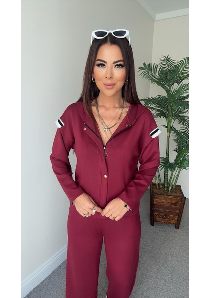 Şans Life Kadın Kapüşonlu Beli Lastikli Omzu Ribana Detaylı Pantolonlu Ikili Takım