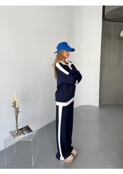 Şans Life Kadın Şerit Detaylı Düşük Omuzlu Polo Yaka Pantolonlu Ikili Takım indirimleri