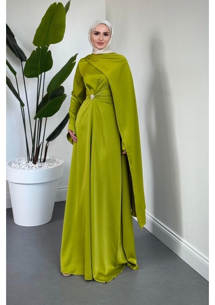 Wave Broşlu Pelerinli Saten Abiye Yağ Yeşili