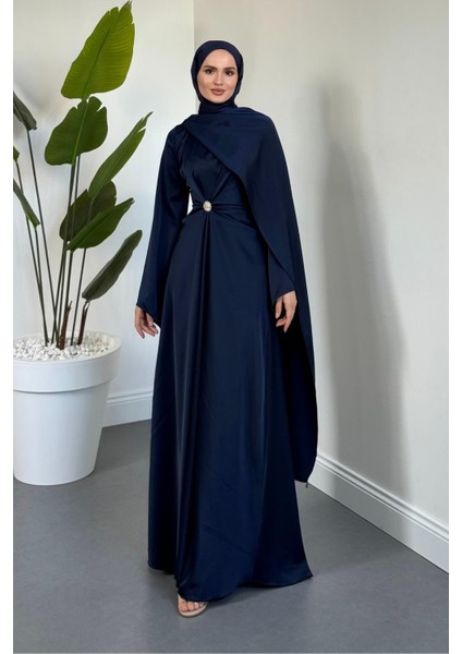 Wave Broşlu Pelerinli Saten Abiye Lacivert fiyatları
