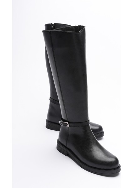 Kadın Deri Çizme Fermuarlı Platin Tokalı Siyah Reva