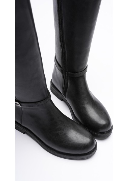 Kadın Deri Çizme Fermuarlı Platin Tokalı Siyah Reva modelleri