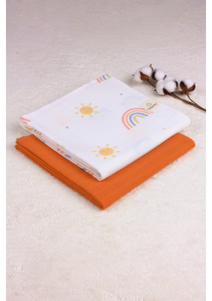 ® Müslin Örtü Bebek Çocuk 2'li Set Gökkuşağı Desen - Tarçın Renk 2 Katlı %100 Organik Pamuk 110X110 cm Unisex