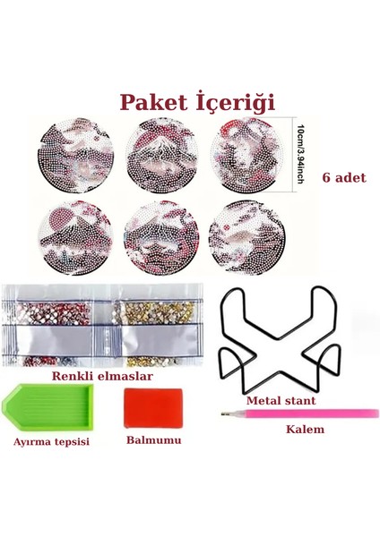 Japonya Temalı Elmas Boyama Bardak Altlığı Seti – 6 Parça, Metal Stant Dahil, DIY Kendin Yap modelleri