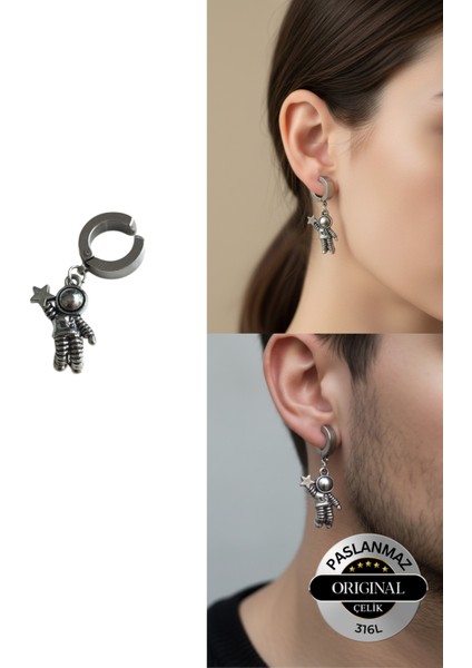 Sıkıştırmalı Deliksiz Trend Astronot Model Sallantılı Erkek Kadın Unisex Çelik Gri Küpe 1 Adet