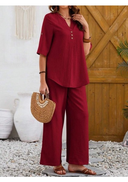 Kadın Kısa Kollu V Hakim Yaka Düğmeli Bürümcük Bluz ve Pantolon Ikili Takım fiyatları
