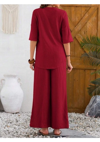 Kadın Kısa Kollu V Hakim Yaka Düğmeli Bürümcük Bluz ve Pantolon Ikili Takım fırsatları