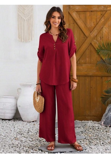 Kadın Kısa Kollu V Hakim Yaka Düğmeli Bürümcük Bluz ve Pantolon Ikili Takım indirimleri