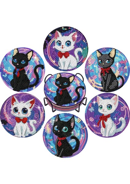 Sevimli Kedi Temalı Elmas Boyama Bardak Altlığı Seti – 6 Parça, Metal Stant Dahil, DIY Kendin Yap