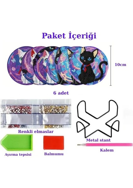 Sevimli Kedi Temalı Elmas Boyama Bardak Altlığı Seti – 6 Parça, Metal Stant Dahil, DIY Kendin Yap fiyatları