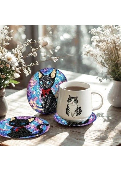 Sevimli Kedi Temalı Elmas Boyama Bardak Altlığı Seti – 6 Parça, Metal Stant Dahil, DIY Kendin Yap modelleri