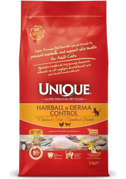 Unique Adult Hairball&derma Control Cat With Chicken&fish 2 kg