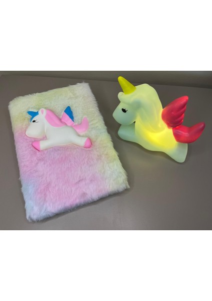 Unicorn Figürlü Peluş Defter ve Unicorn Gece Lambası-Çocuk Odası -Masa Başucu Lambası