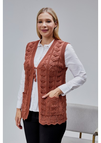 Kadın Yumoş Kazayağı Model Kalın Kışlık Özel Örgü Cepli Triko Anne Yelek