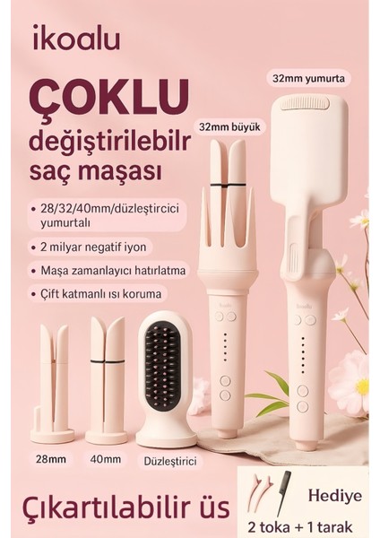 Pembe 5'li Çok Fonksiyonlu Otomatik Saç Maşası, Negatif Iyonlar ile Parlak ve Sağlıklı Saçlar