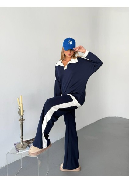 Şans Life Kadın Şerit Detaylı Düşük Omuzlu Polo Yaka Pantolonlu Ikili Takım fiyatları