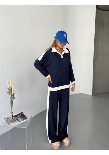 Şans Life Kadın Şerit Detaylı Düşük Omuzlu Polo Yaka Pantolonlu Ikili Takım modelleri