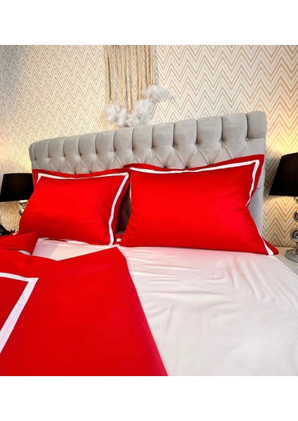 Kırmızı Renkli, Beyaz Çizgili Pamuk-Saten Yastık Kılıfı