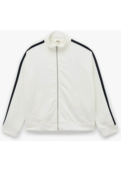 Şerit Detaylı Dik Yaka Fermuarlı Beyaz Kadın Sweatshirt 6WAK10054EK