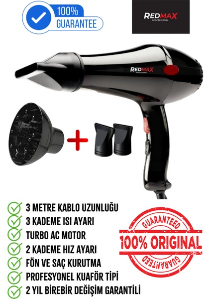 Siyah Kuaför Fön Makinesi Force 6300 - Tam Set, Hediye