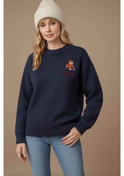 Bisiklet Yaka Nakışlı Indigo Kadın Kazak 25K0313K1