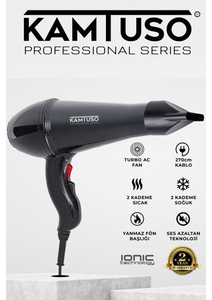 Iyonik Profesyonel Fön Makinesi, Kuaför Tipi, Siyah, Hızlı ve Güçlü Saç Kurutma