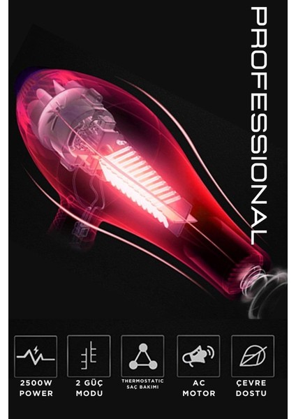 Iki Başlıklı 2500W Güçlü Profesyonel Fön Makinesi, 2 Yıl Garantili, Siyah modelleri