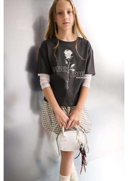 Kız Çocuk Oversize Geniş Kalıp Bisiklet Yaka Baskılı Uzun Kollu Tişört F8001A825AU modelleri