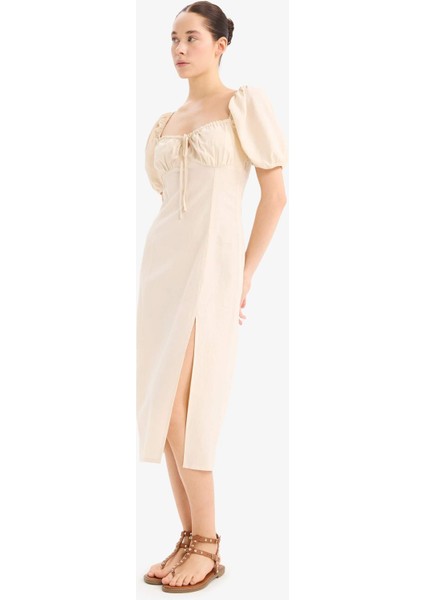 Kalp Yaka Yırtmaçlı Keten Karışımlı Kısa Kollu Midi Elbise C0941AX25SM