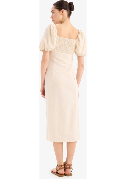 Kalp Yaka Yırtmaçlı Keten Karışımlı Kısa Kollu Midi Elbise C0941AX25SM