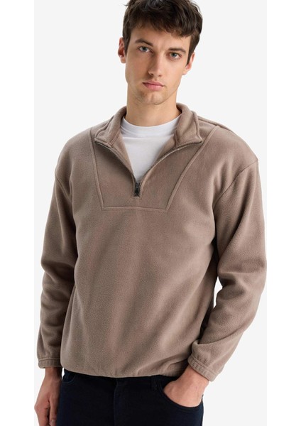 Boxy Fit Dik Yaka Baskılı Polar Sweatshirt E8632AX25WN