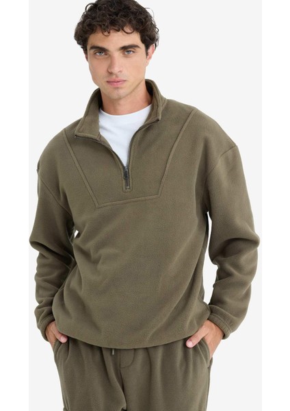Boxy Fit Dik Yaka Yarım Fermuarlı Polar Sweatshirt E8632AX25WN