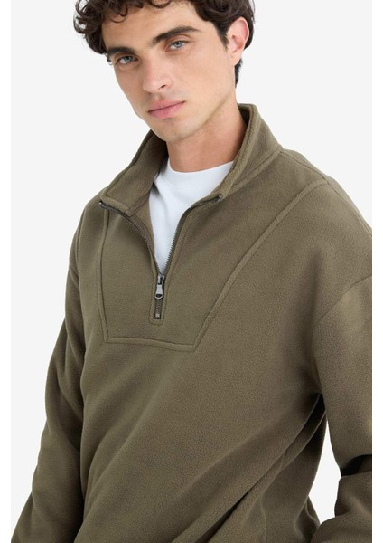 Boxy Fit Dik Yaka Yarım Fermuarlı Polar Sweatshirt E8632AX25WN fırsatları