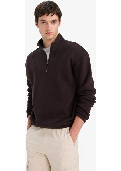 Boxy Fit Dik Yaka Yarım Fermuarlı Polar Sweatshirt E8632AX25WN modelleri