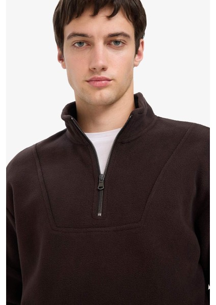Boxy Fit Dik Yaka Yarım Fermuarlı Polar Sweatshirt E8632AX25WN fırsatları
