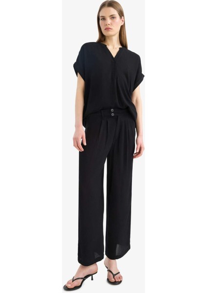 Regular Fit Apaş Yaka Basic Düz Krinkıl Kumaş Kısa Kollu Bluz C0998AX25SM fiyatları