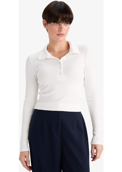 Slim Fit Dar Kesim Polo Yaka Basic Düz Fitilli Kaşkorse Uzun Kollu Tişört G1579AX25AU fiyatları